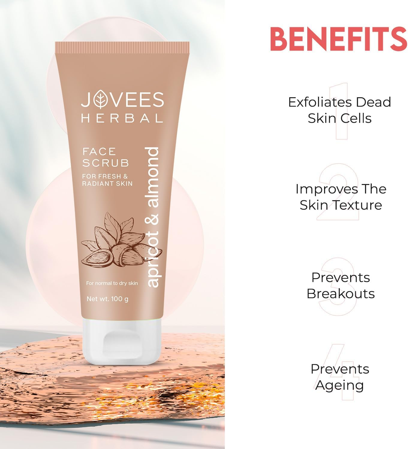 Jovees Apricot & Almond Face Scrub with Almond (100Gm) Apricot & Wheatgerm Oil | Gently Removes | Dead Skin Cells | Reduces Pigmentation | for Normal & Dry Skin image number 2