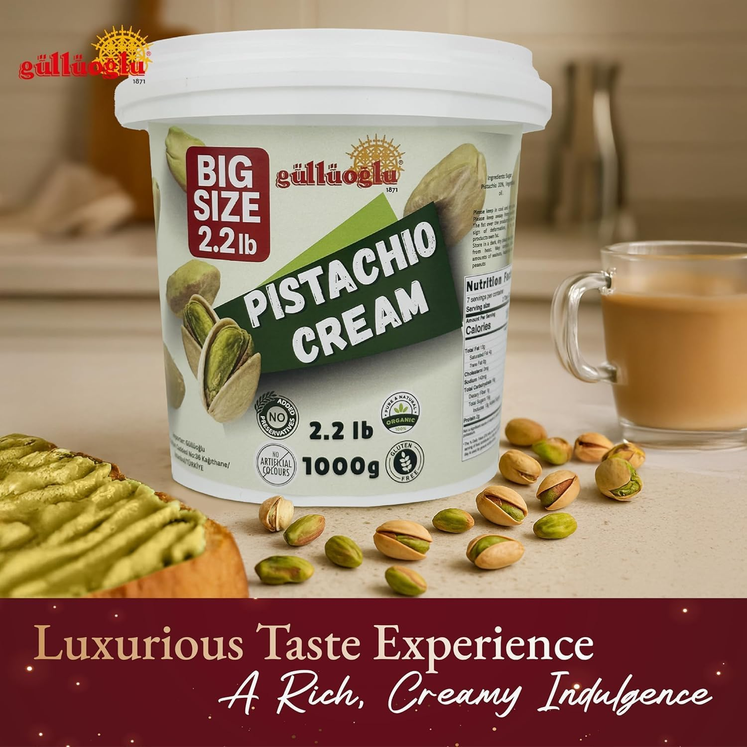 Gulluoglu Pistachio Cream BULK 1 KG, Pistachio Butter, Best for Dubai Chocolate, Turkish Premium Pistachios Cream Perfect Taste for Dubai Chocolate