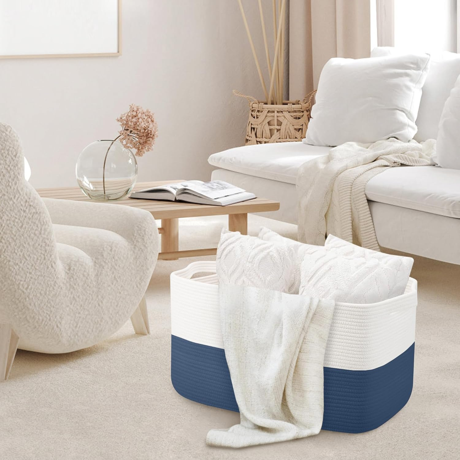 MEGASKET Extra Large Rectangle Rope Basket, 23.6" X 15.7" X 14.1" Kids Room Toy Stuffed Animals Basket Box Organization, Towel Storage Basket, Baby Clothes Basket, Living Room Storage Bin, Dark Blue - Brown image number 4