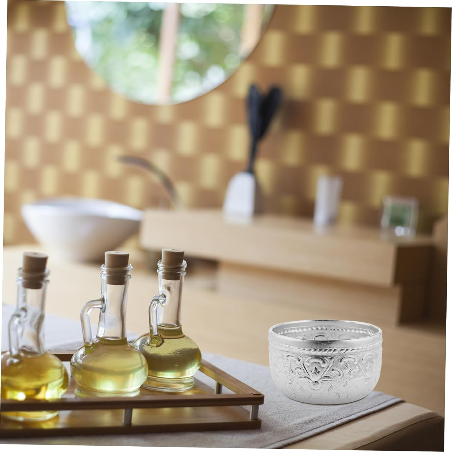 3Pcs Thai Traditional Carved Tin Bowl for Buddhist Offering Essential Oil Mixing image number 3