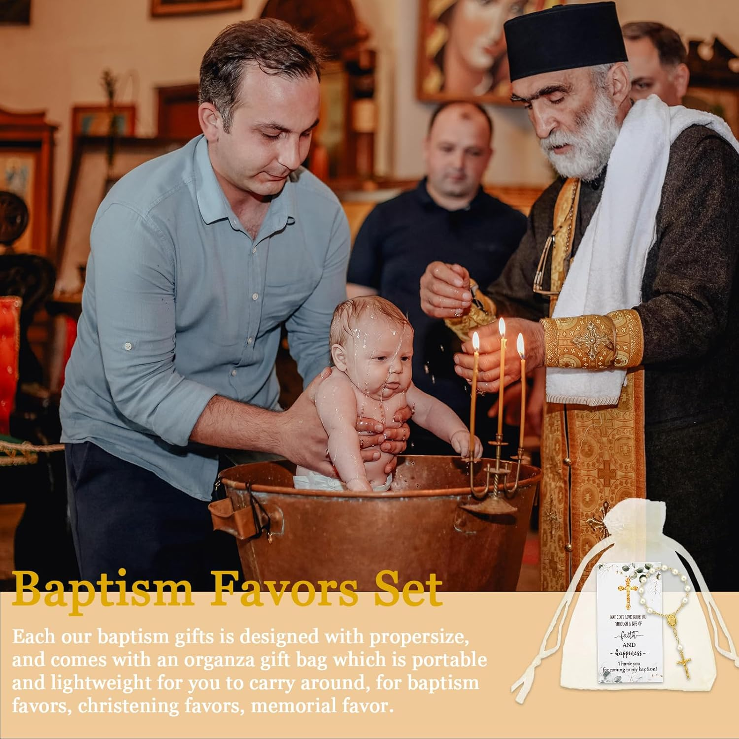 50 Sets Baptism Favors for Guests Acrylic Rosary Beads Faux Pearls Organza Gift Bags Thank You Cards Silver Angel Charm Keychain for Baptism Christening First Communion Party Supplies (Gold) image number 4