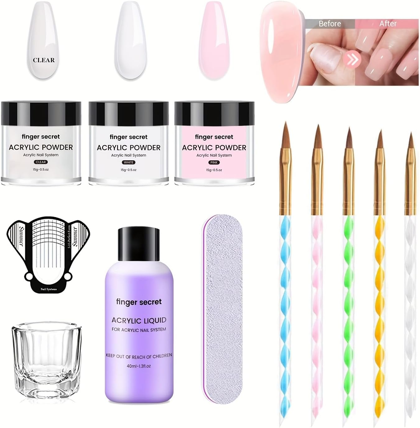 Finger Secret Basic Acrylic Nail Kit - 3 Colors Powder and Liquid Set with Manicure Tools for Nail Art DIY (A2)