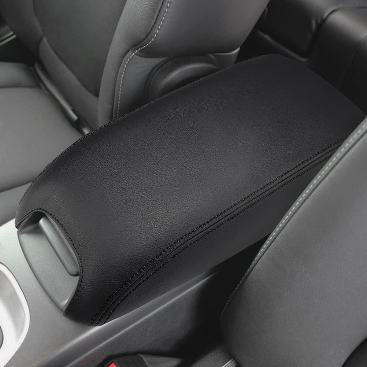 INTGET Center Console Cover for Dodge Journey 2011-2020 Middle Amrest Cover (Black Leather Red Stitches with Pattern)