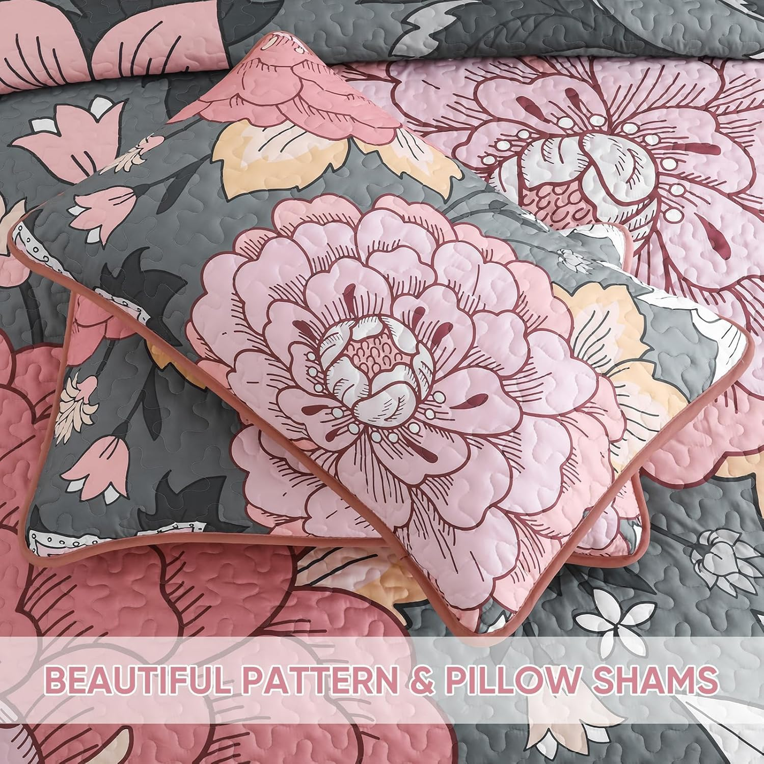 DJY Floral Quilt Set King Size Grey Pink Boho Flower Bedspread Coverlet Set 3 Pieces Soft Microfiber Farmhouse Botanical Bohemian Bedding Set with 2 Pillowcases for All Season (110''X90'') image number 1