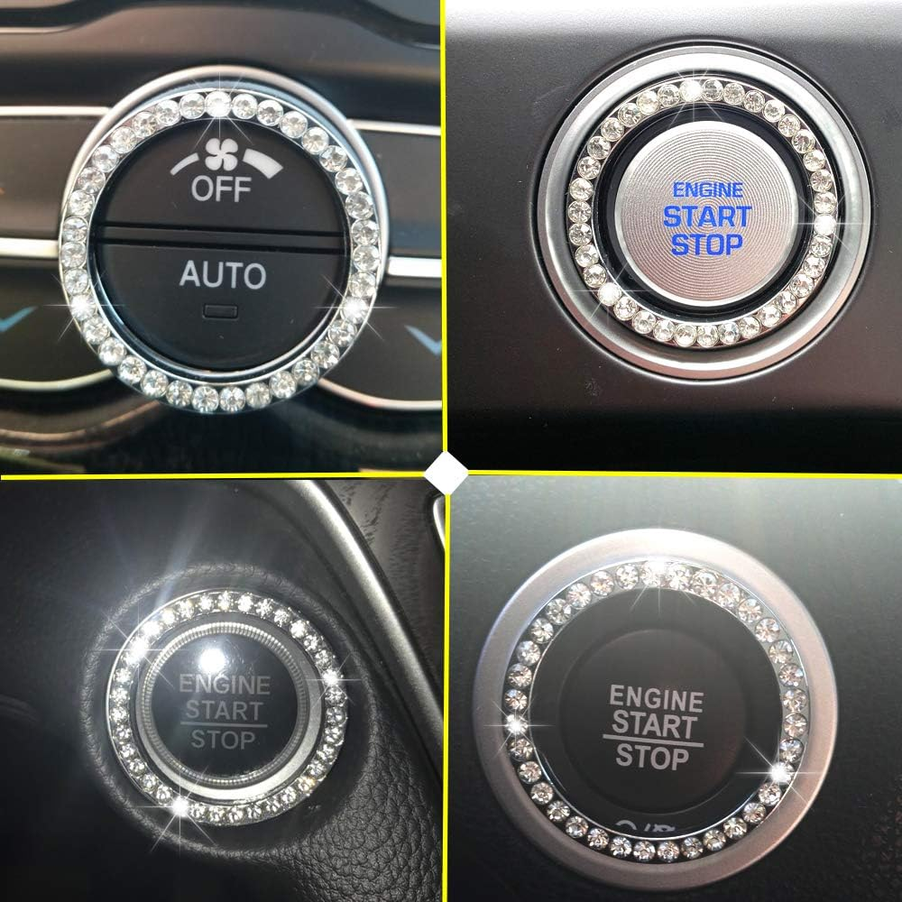Anourney Silver Bling Crystal Rhinestone Car Engine Ignition Button Ring, Emblem Sticker, Girly Car Interior Accessory Decoration for Push to Start Button Cover, AC Control Knob,Car Shift Cover&hellip; image number 1