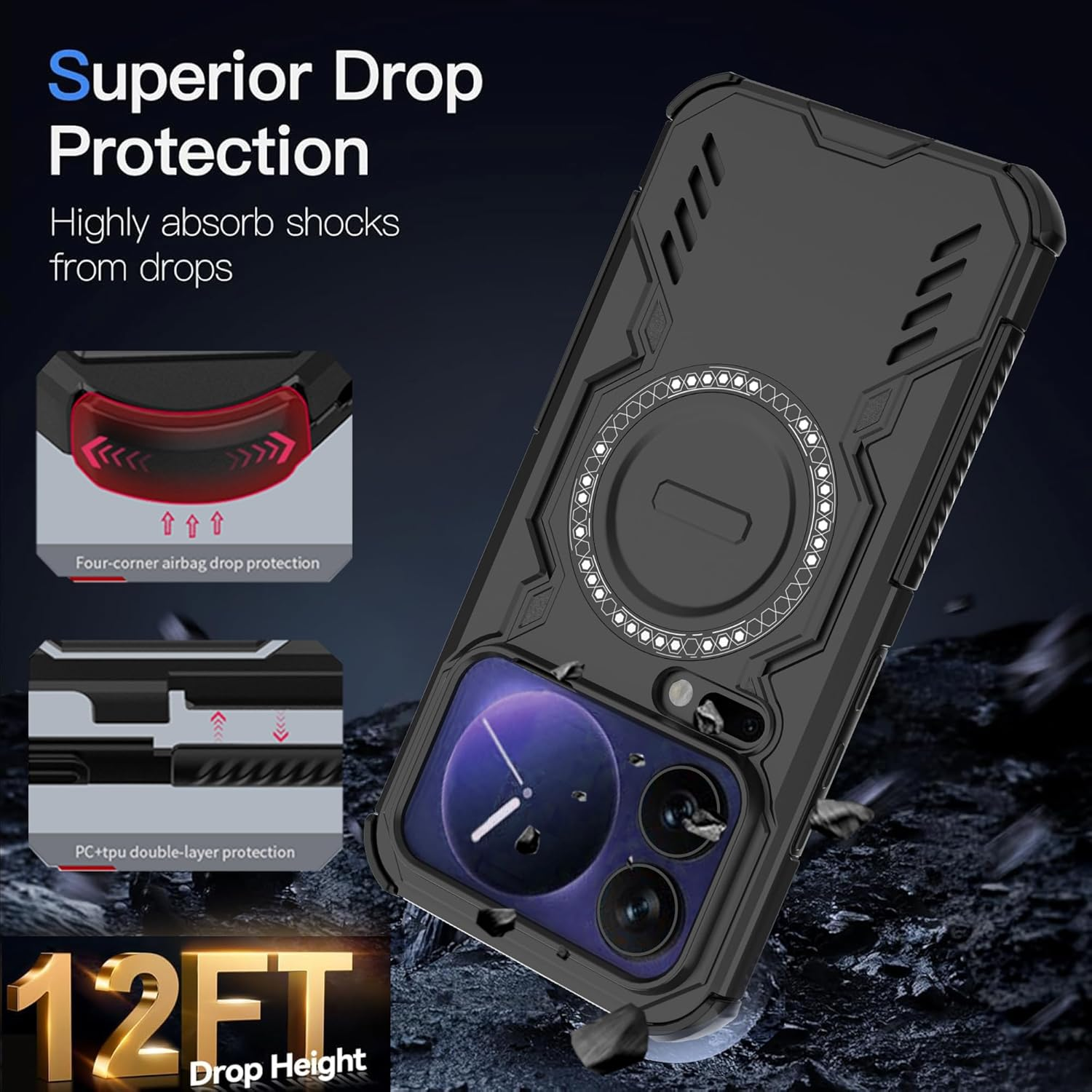 ESHUYI Magnetic Case for Xiaomi 17 Pro Max, Magsafe Compatible, Shockproof Hard Case with Air Cushion Corners, Heat Dissipation, TPU+PC Hybrid Mobile Phone Case, Black image number 4