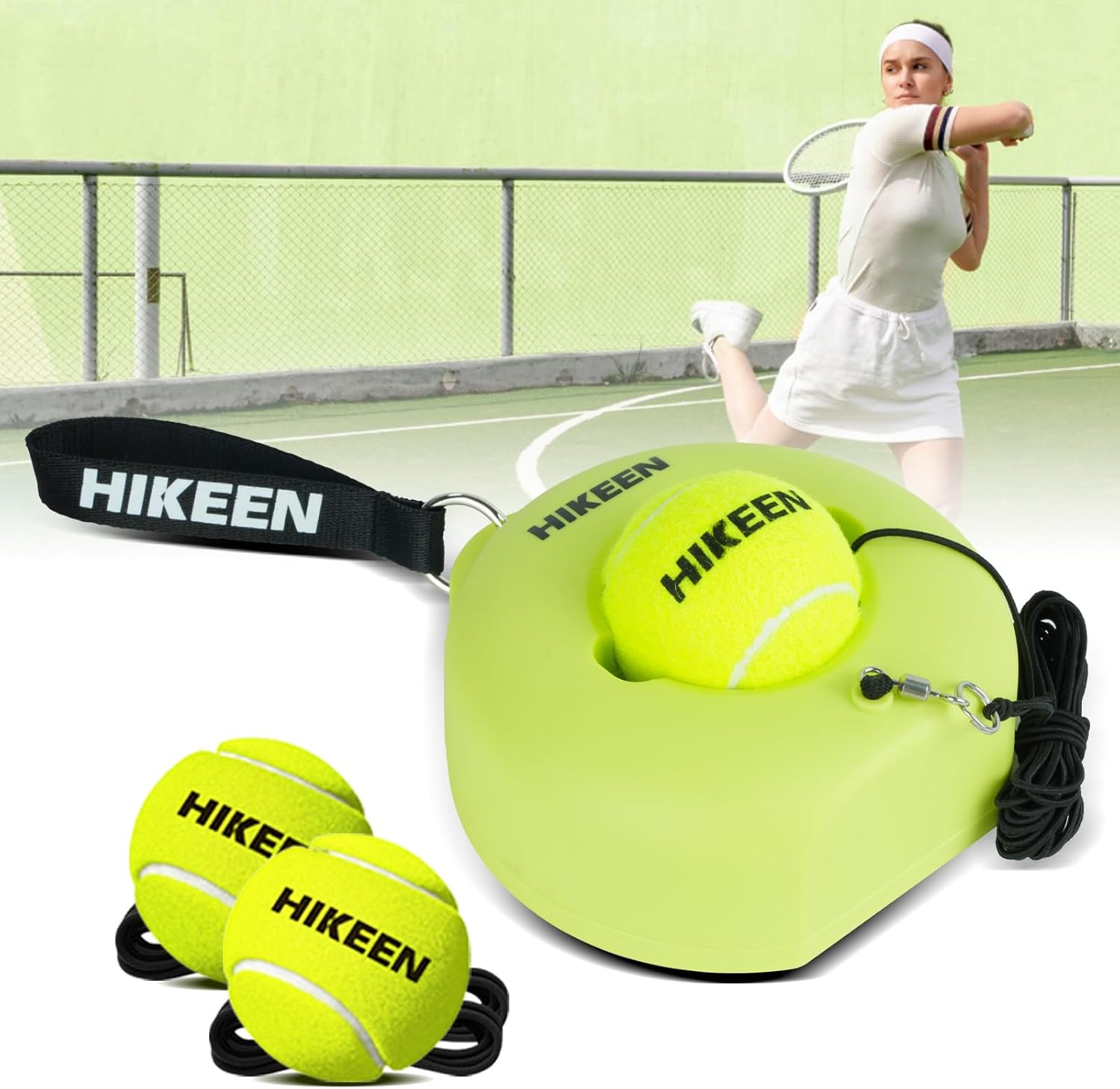 Hikeen Premium Tennis Trainer Rebound with Metal Base,Portable Solo Tennis Trainer Set with 3 Highly Elastic String Balls,Tennis Practice Equipment for Adult Kids an Beginners