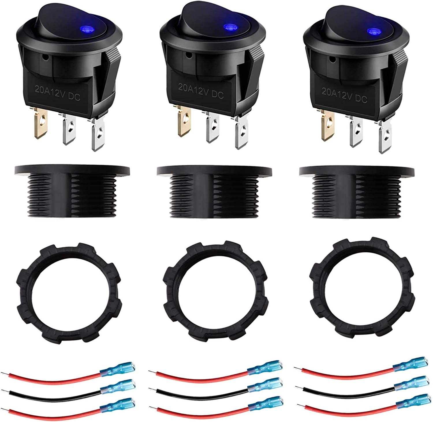 Emsea 3PCS round Rocker Toggle Switch 12-24V 20A Blue LED Light On/Off Control Button 3Pins with 9 Connection Cables for Car Caravan Truck Boat image number 5
