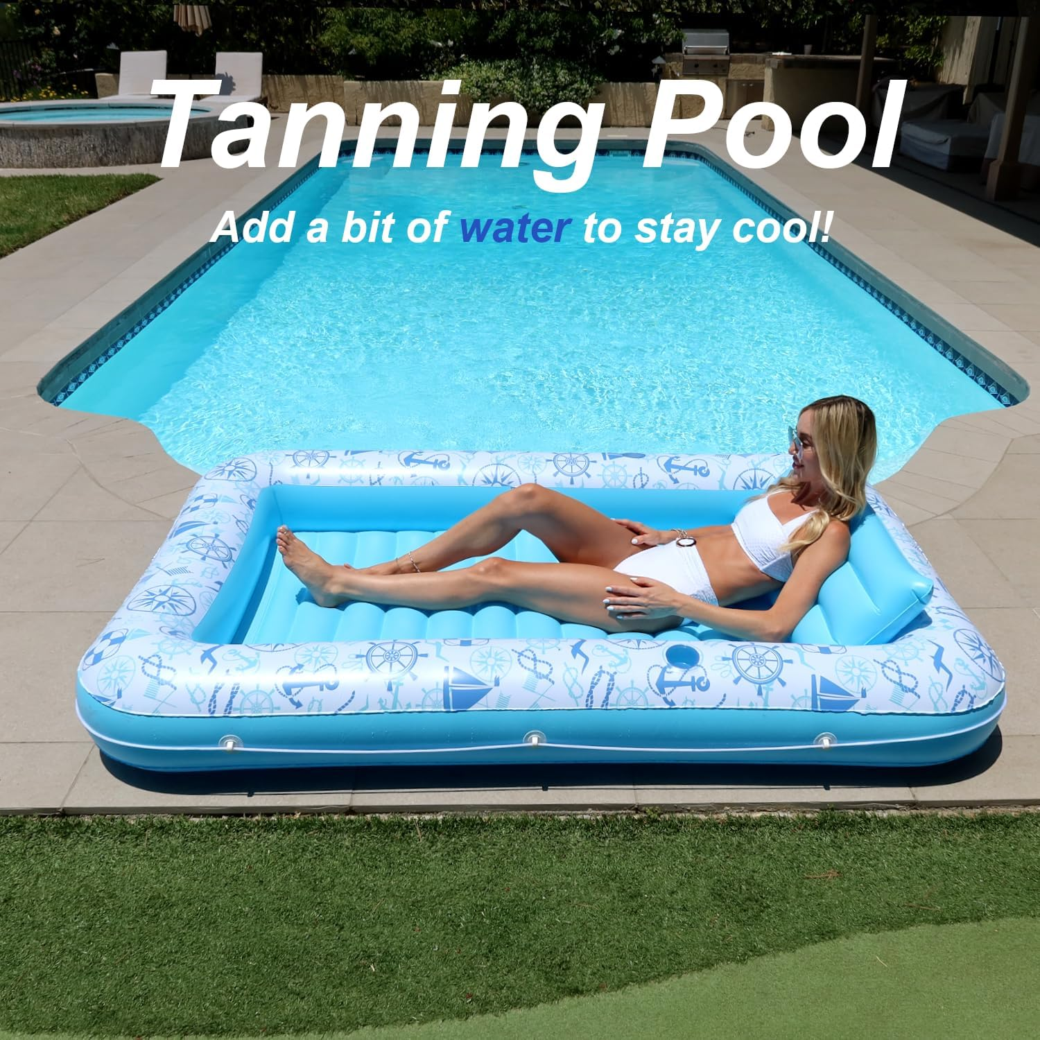 XL Inflatable Tanning Pool Lounge Float - Electric Pump Included - 85&rdquo; X 58&rdquo; - Sunbathing Suntanning (Extra Large) - Blue image number 6