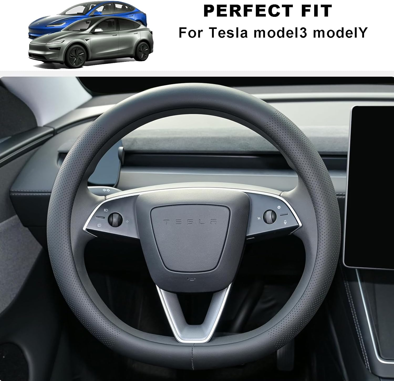 MAEZOE Nappa Leather Steering Wheel Cover for Tesla Model 3/Y 2016&ndash;2026 Juniper/Highland, Ultra-Thin D-Shaped Grip, Breathable & Non-Slip for Commuters, Family, Daily Driving image number 2