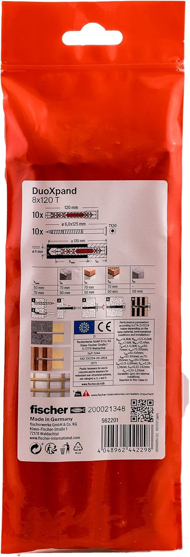 Fischer Duoxpand 8 X 120 T, Universal Dowel with Galvanised Countersunk Screw (Pack of 10), Dowels for Strong Hold, Ideal for Porous Building Materials & Close to Edge Anchors image number 1