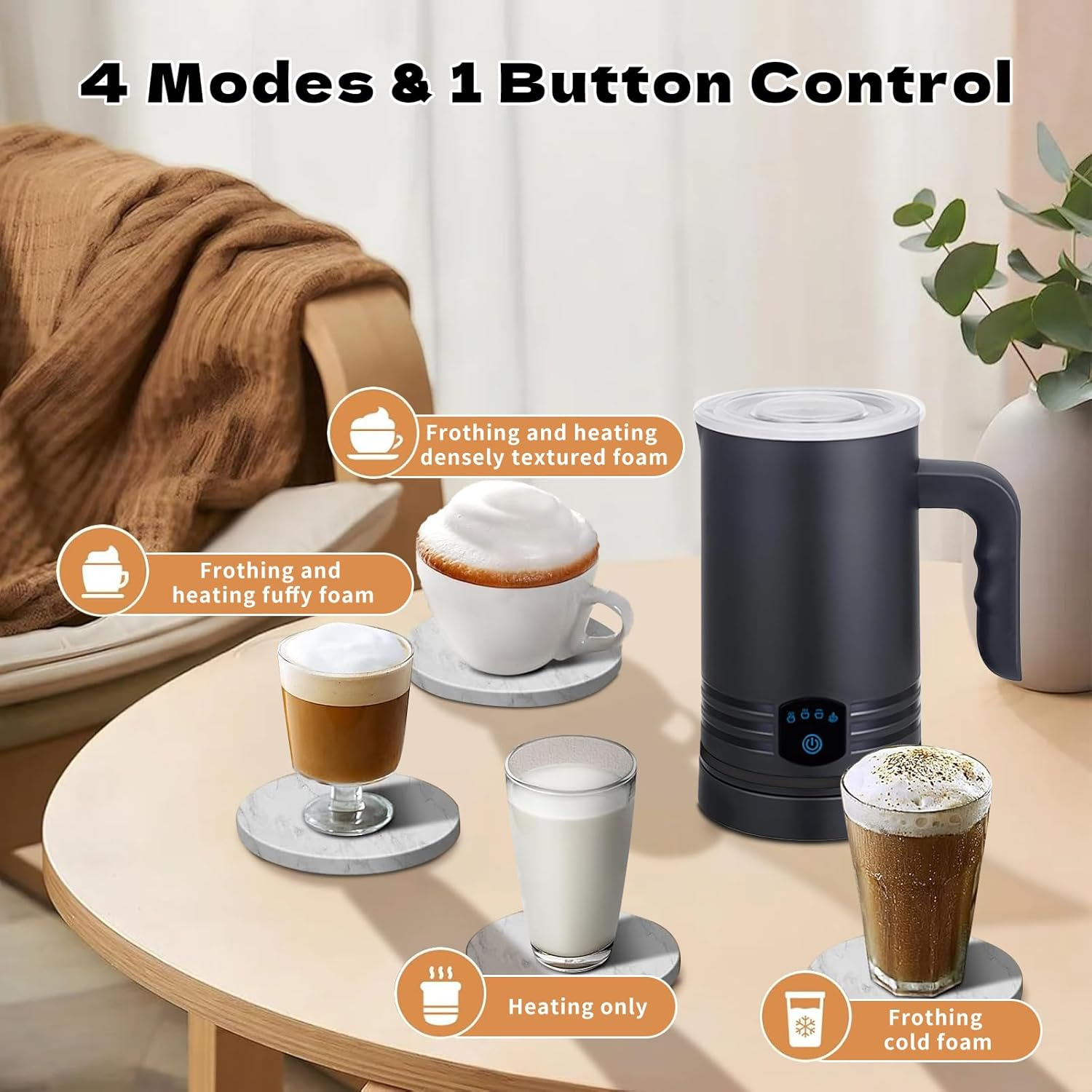 Stylora 4-In-1 Milk Frother, 430Ml Milk Warmer and Frother, 400W Black Electric Warm and Cold Foam Frother, Automatic Secura Milk Warmer for Coffee, Latte, Cappuccino, Macchiato, Chocolate image number 4