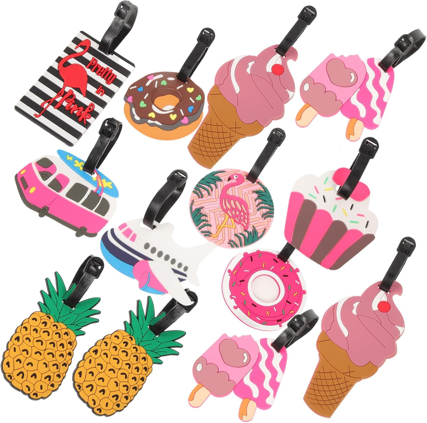 CONGARTENO 10Pcs Cartoon Soft PVC Luggage Tags Set Flamingo Donut Ice Cream Travel Bag Identify Tags for Suitcases Women Travel Suitcase Identification image number 1
