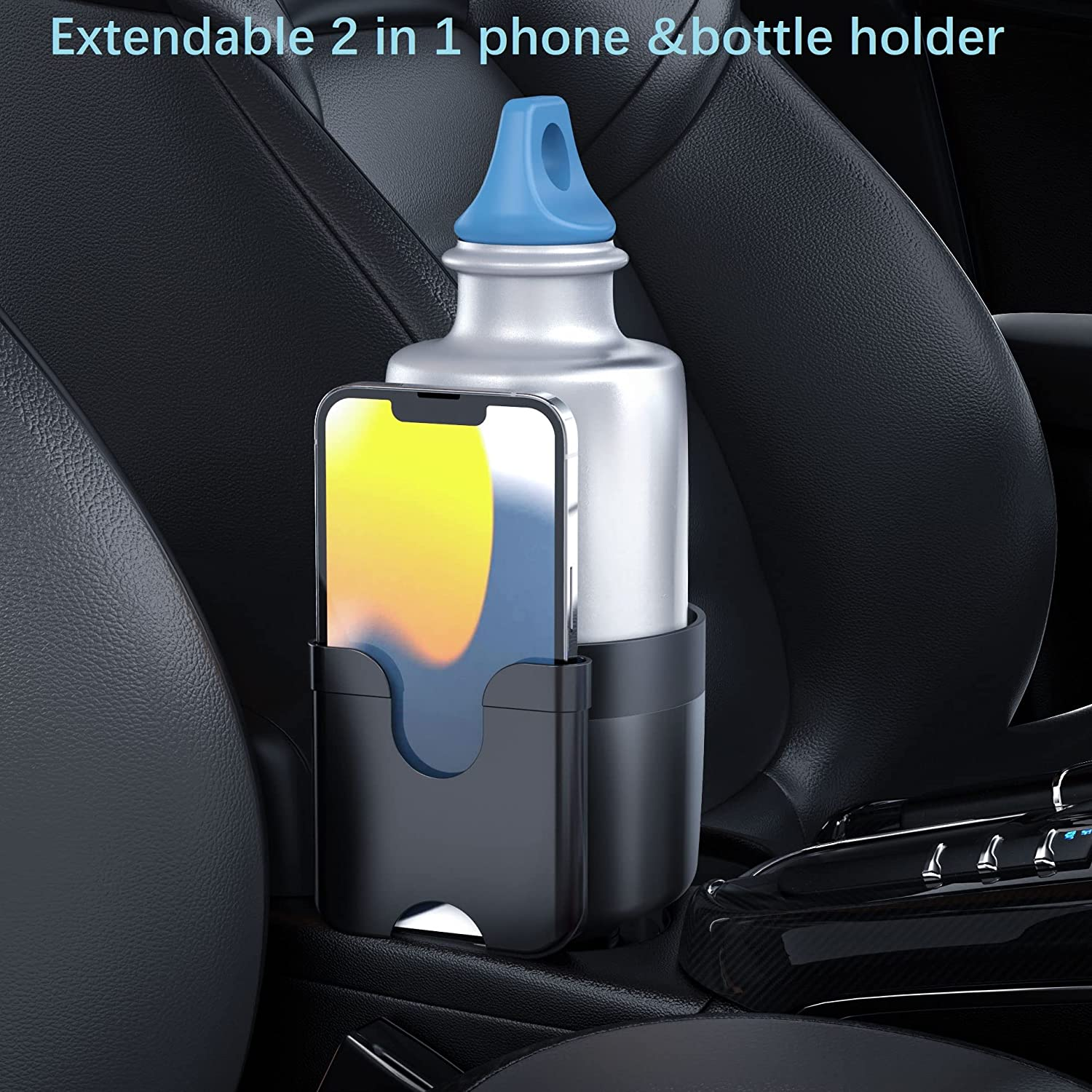 Car Cup Holder Expander with Cell Phone Stand, Adjustable Base - Rubber Tabs Cup Holder Fits Most Bottles and Cup. (Large, Black) image number 3