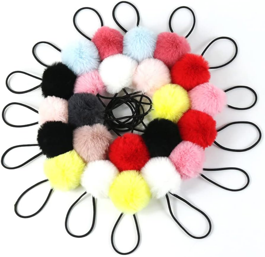 Pack of 5 Pom Pom Hair Bands for Women, Elastic Pom Ball Hair Band, Small Hair Bobbles Scrunchie with 5 Cm Pompoms, Hair Accessories for Ponytail, Thin Braids, Red image number 4