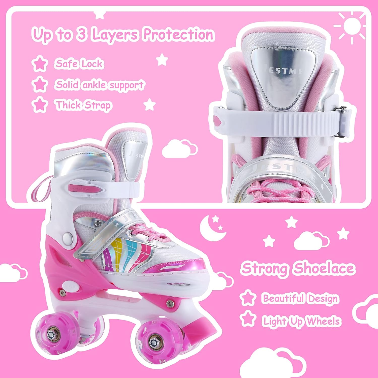Kids Roller Skates Adjustable for Girls Boys Toddlers Youth , Pink 4 Size Adjustable Light up Roller Skates for Size 11J Todders to Size 7 Youth Women image number 3