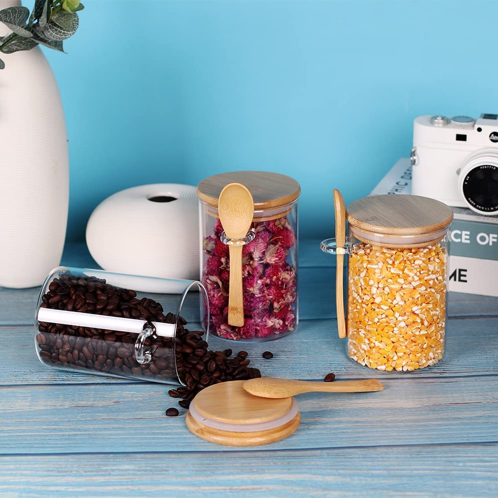 Glass Jars with Airtight Bamboo Lid and Spoon, Overnight Oats Containers Glass Food Storage Jars, Coffee Beans Tea Flour Sugar Nuts Candy Bath Salts Loose Tea Coffee Containers 17 OZ Liquid (3PCS) image number 5