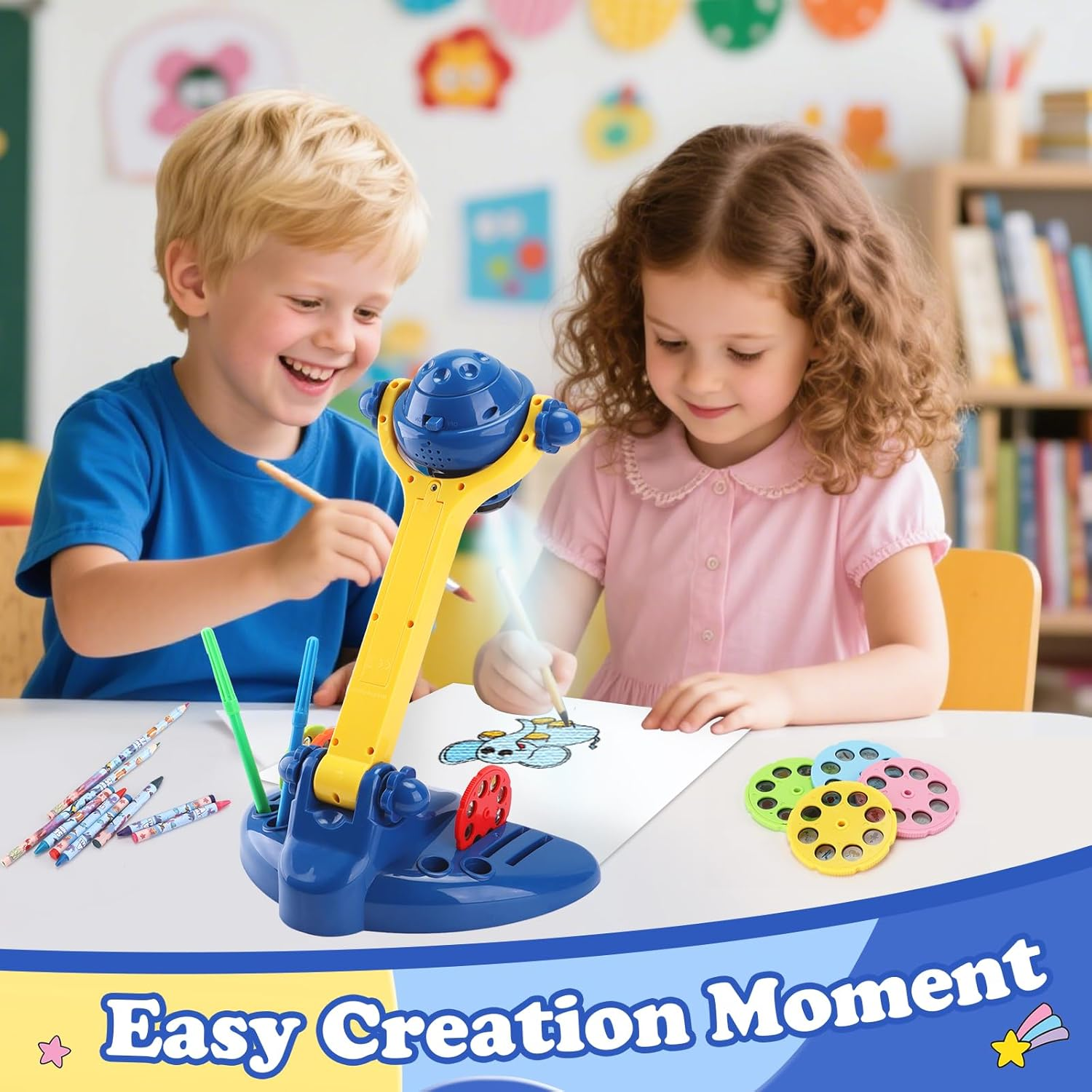 Drawing Projector for Kids, Art and Craft Kit, Including Colored Pencils, Crayons, Coloring Books,Toys for 3+ Year Old Boys (Blue Drawing Kit V2) image number 3