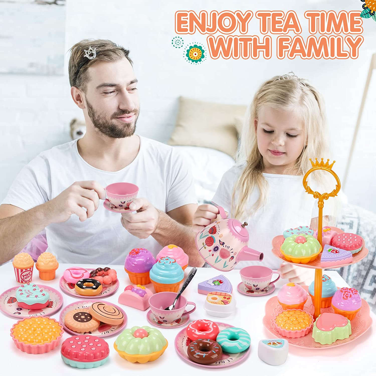 REMOKING 45 PCS Kids Tea Party Set for Little Girls,Tea Set Including Pretend Tin Teapot,Dessert,Cookies,Doughnut,Ice Cream, Kids Kitchen Pretend Play Playset,3 4 5 6 7 Year Old Boys Girls Gifts Toy image number 4