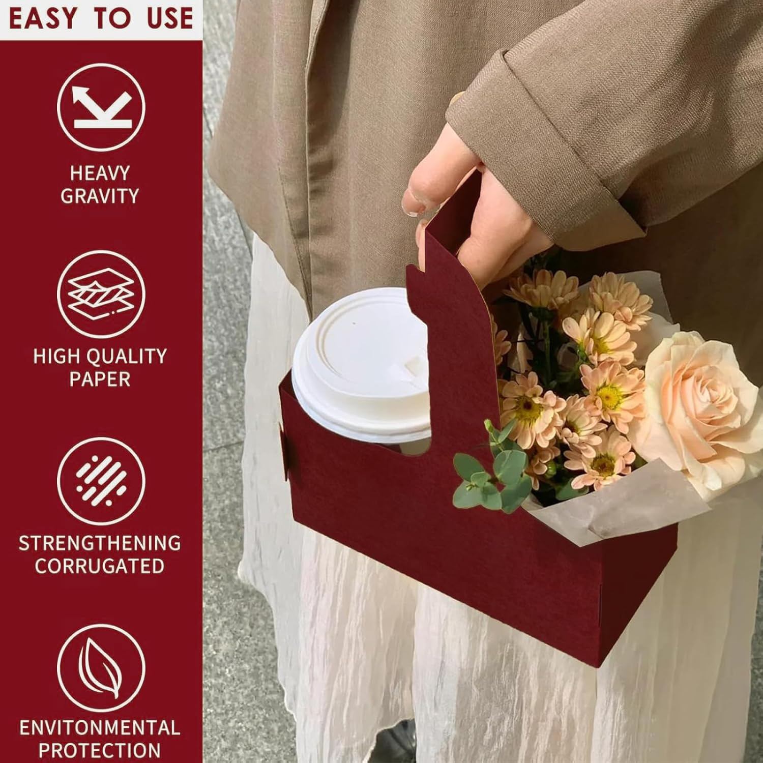 20 Paper Cup Holders, 2 Cardboard Cup Holders, Drink Carrier with Handle, Portable Foldable Cup Holder, Suitable for Hot or Cold Drinks, Coffee Carrier, Takeaway Cup Holder for Coffee and Drinks (Red) image number 5