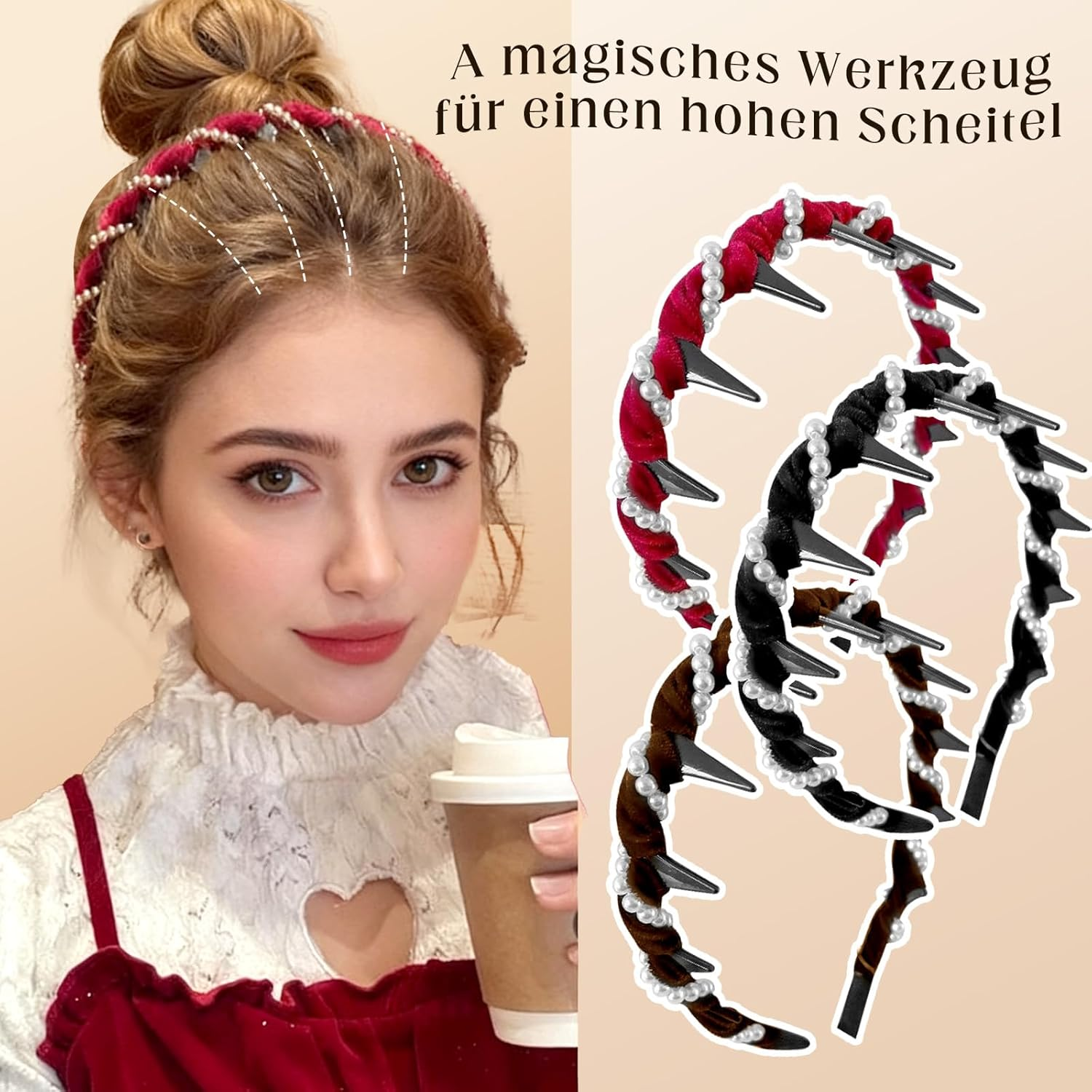 3Pcs High Updo Artificial Pearl Hairband, Fashion Headband Women, Grace Headbands for Rhinestones Bridal Hair Hoop, Birthday Party Valentine'S Day Gifts (Black/Red/Brown) image number 6