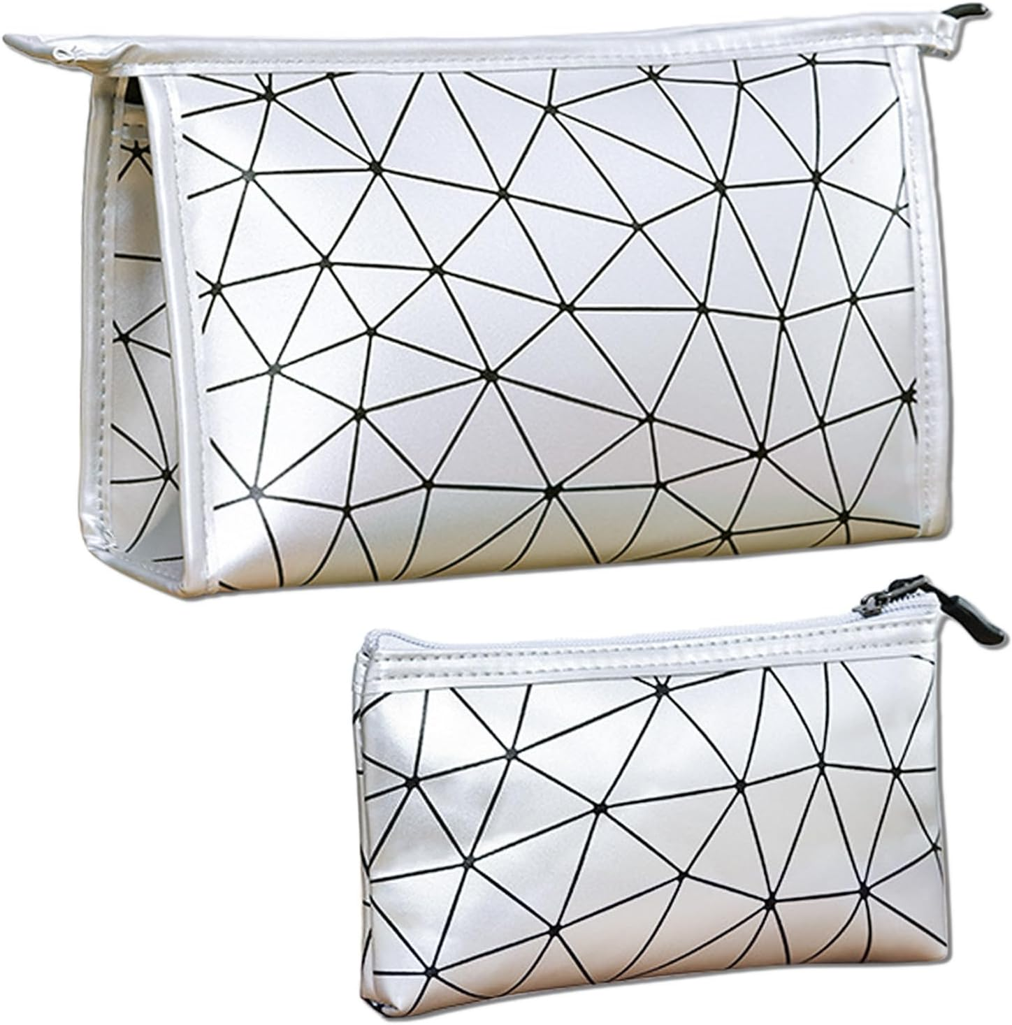 BSITSSS 2 PCS Makeup Bag, Sliver Geometric Cosmetics Bag, Small and Large Make up Bags with Zippers Toiletry Bags Pouches for Women Girls Traveling Makup Beauty image number 2