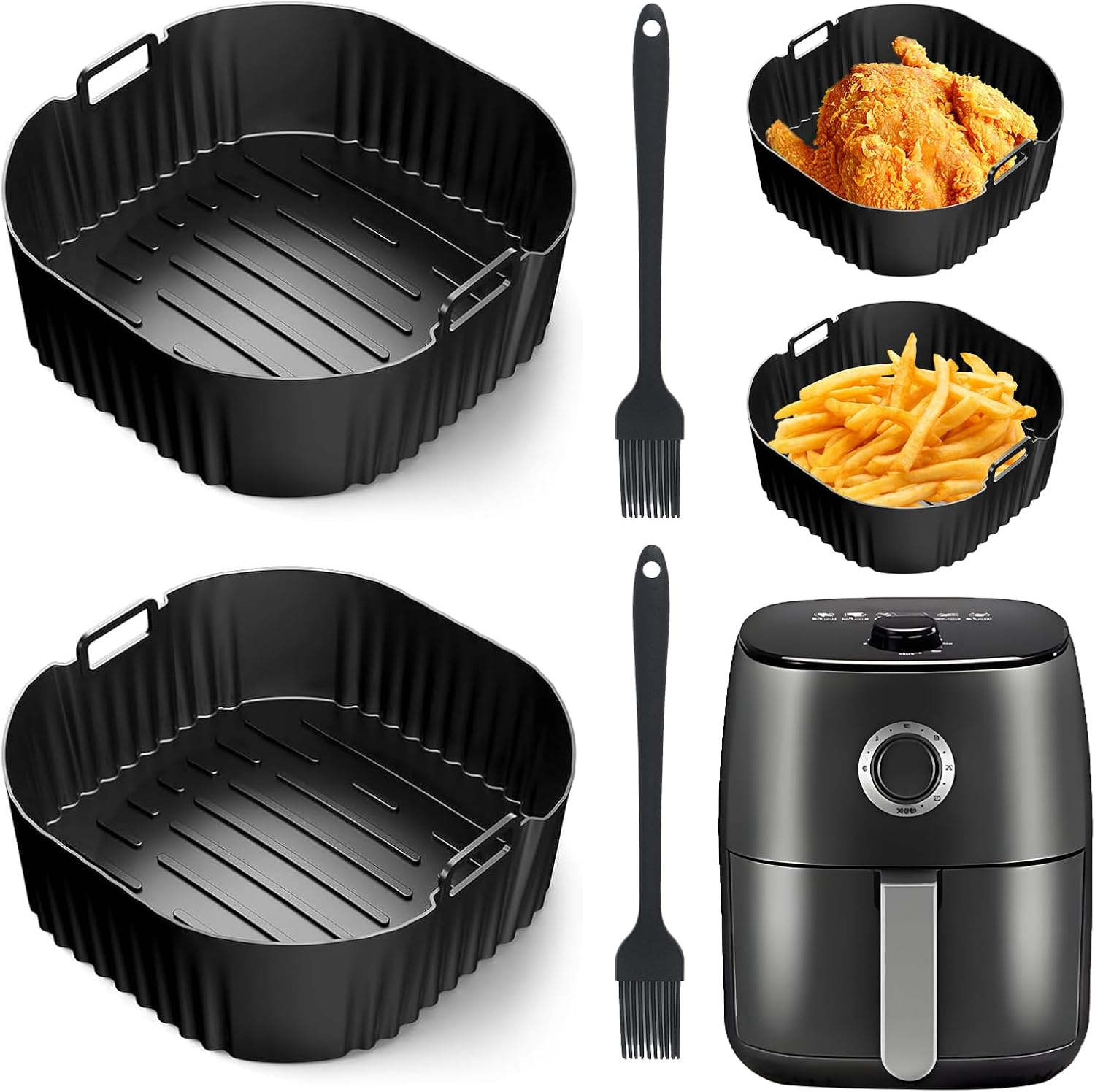 VEGCOO Pack of 2 Airfryer Silicone Baking Moulds with 19 Cm Silicone Oil Brush Black Airfryer Square Silicone Baking Mats Baking Mats Heat Resistant Baking Aids for Airfryer Oven image number 5