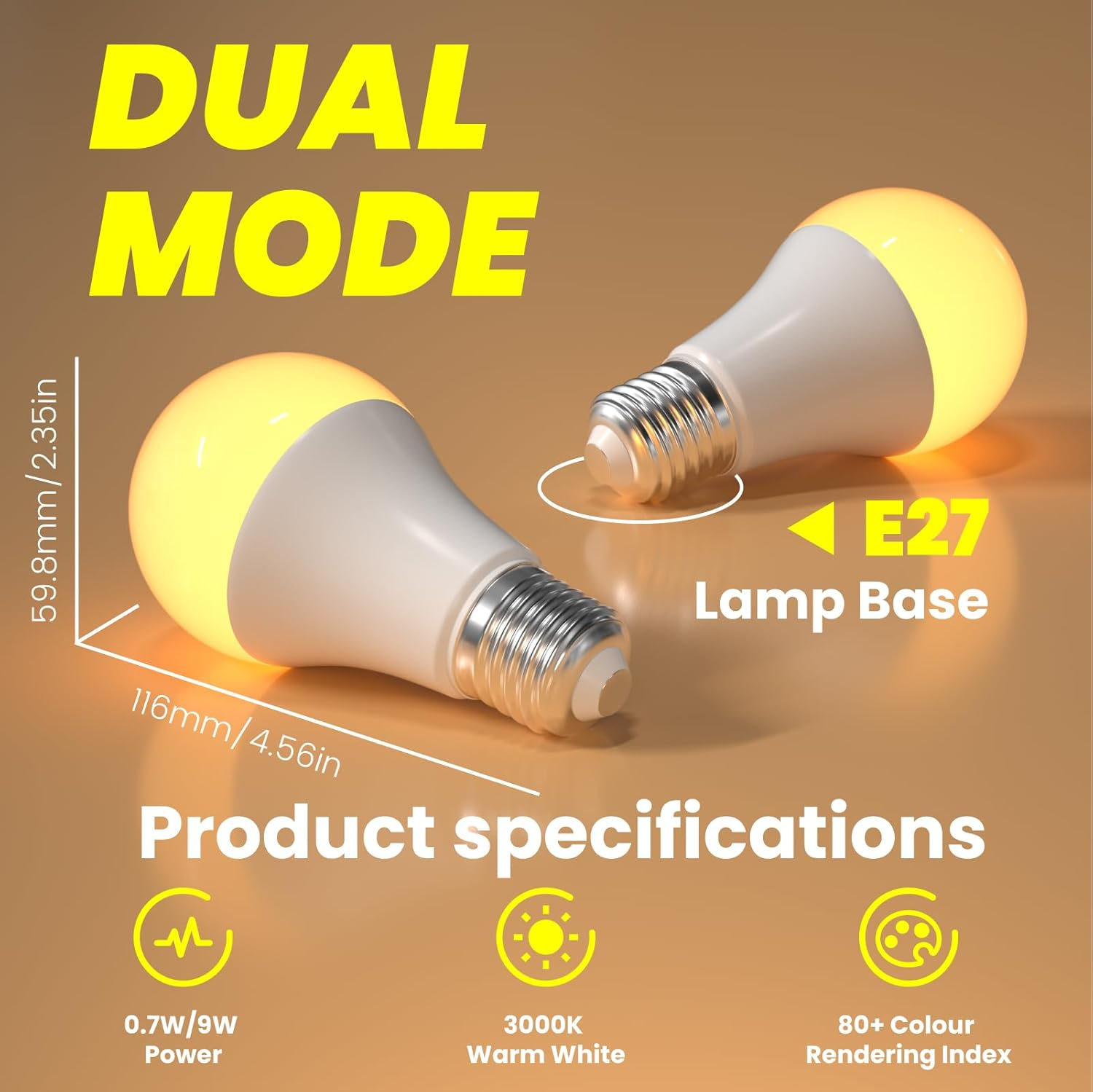 Lamptobe A19 E27 LED Light Bulb, 9W 600LM Full Bright Mode & 0.8W 60LM Night Light Mode, Energy Saving E27 LED Bulb for Home Lighting - 3000K Warm White - Pack of 2