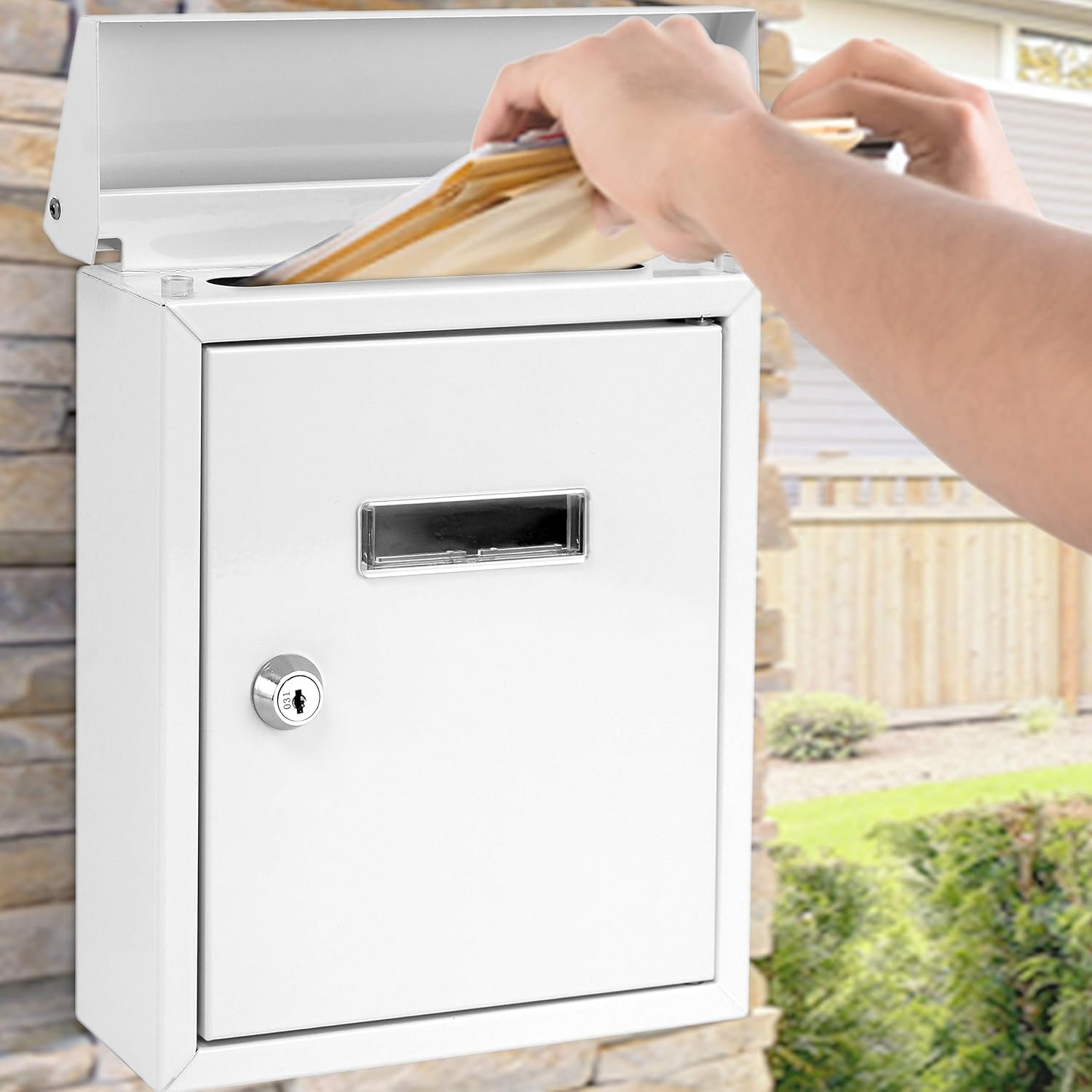 Serenelife SLMAB01 Wall Mount Lockable Mailbox- Modern Outdoor Galvanized Metal Key Large Capacity- Commercial Rural Home Decorative & Office Business Parcel Box Packages Drop Slot Secure Lock, White, 10''X 3.9''X 12.4'' image number 1