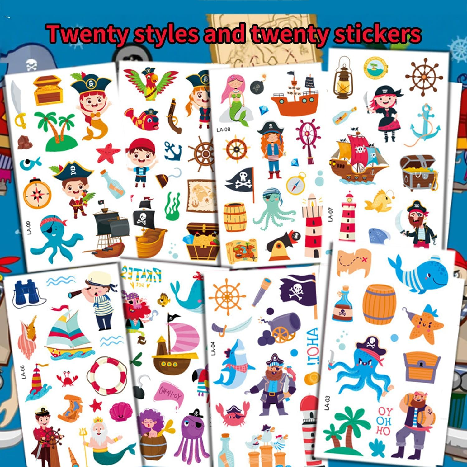 Shalve 20Pcs Pirate Temporary Tattoos Waterproof Fake Tattoos Stickers Gift Idea Fillers Birthday Party Favour Supplies School Prizes Rewards Holiday D&eacute;cor Classroom Rewards image number 3