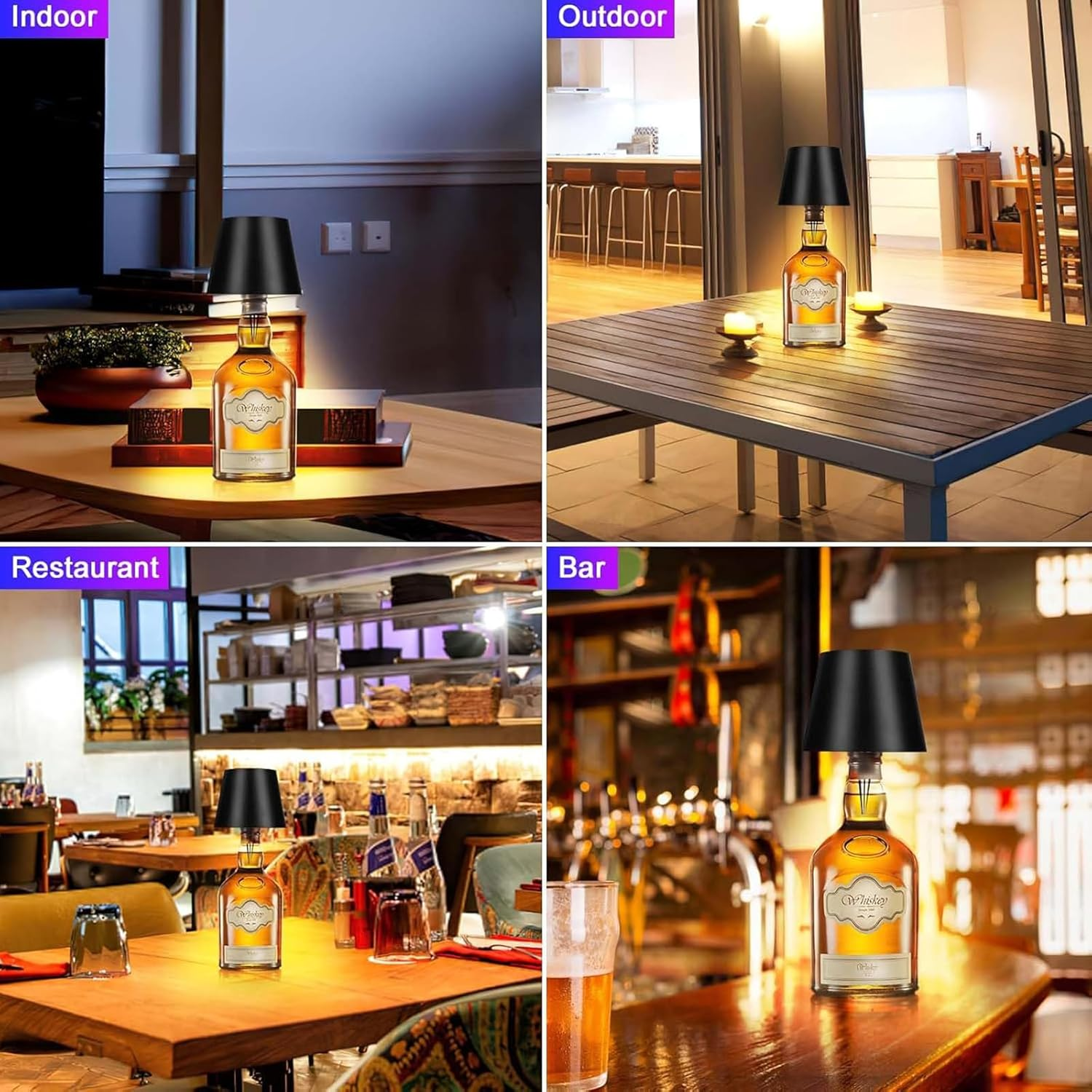 Wireless Bottle Lamp 2000Mah, RGB Mode & 3 Color Stepless Dimming Touch Table Lamp, Rechargeable Atmosphere Lamp for Bars, Cafes, Restaurants, Bedrooms, Outdoor Environments (Black, 1Pcs) image number 6