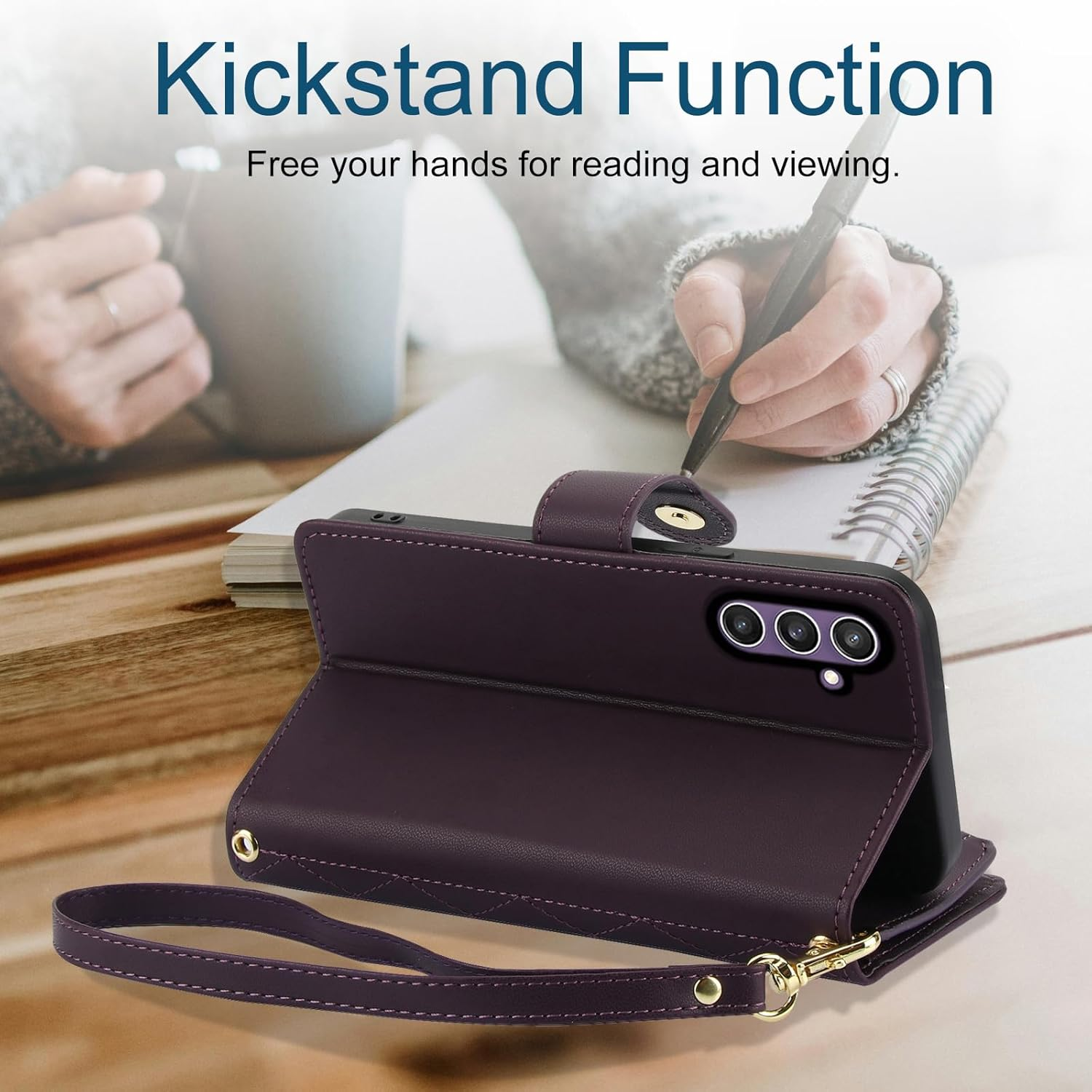 Asuwish Mobile Phone Case for Samsung Galaxy S23 FE 5G Case with Strap Film Protective Film Card Slot Foldable Leather Wallet Stand S 23 S23FE 23FE Mobile Phone Cases Protective Mobile Phone Case Dark - Dark Purple image number 6