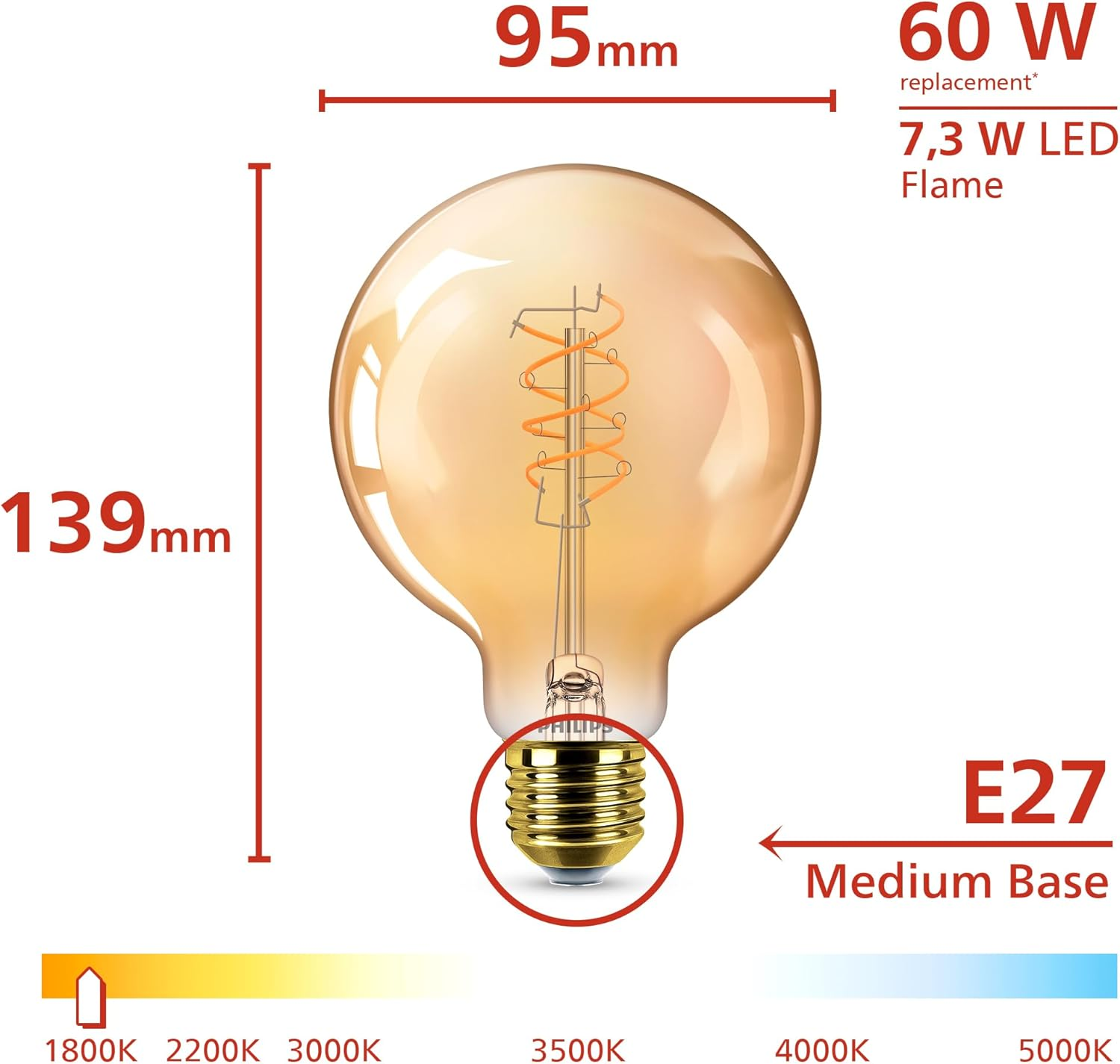 Philips Vintage Amber Spiral G95 Lamp, Dimmable, Flicker-Free, Eyecomfort, 806 Lumen, Flame (2200 K), 7.3 W = 60 W, E27 Socket, Pack of 1 image number 6