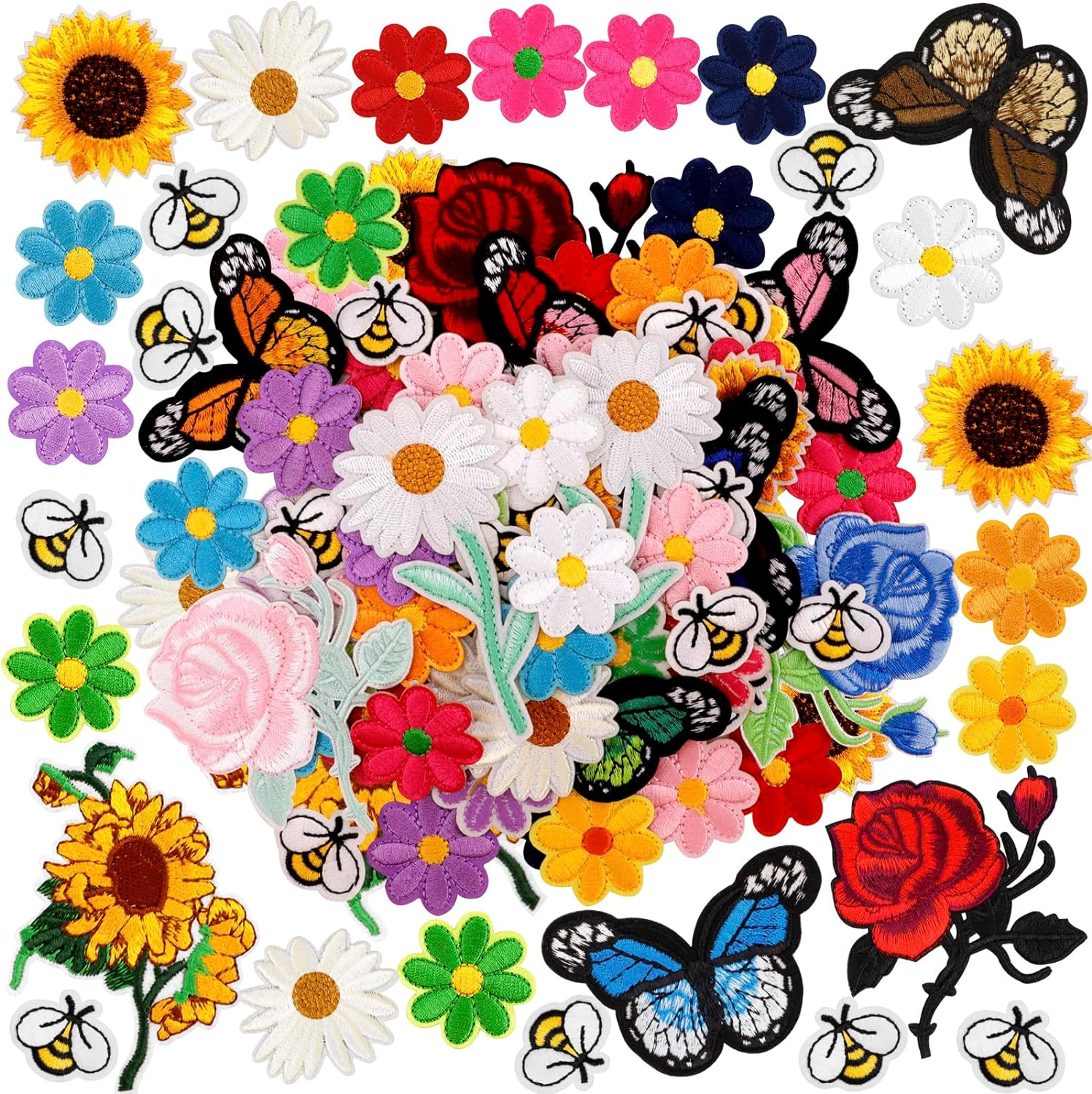RETON 72 Pcs Embroidered Iron on Patches for Clothing, Butterfly Flower Iron on Patches Set, Sunflower Bee Rose Daisy Embroidered Patches, Applique Patches for Clothes, Jackets, Jeans, Backpacks