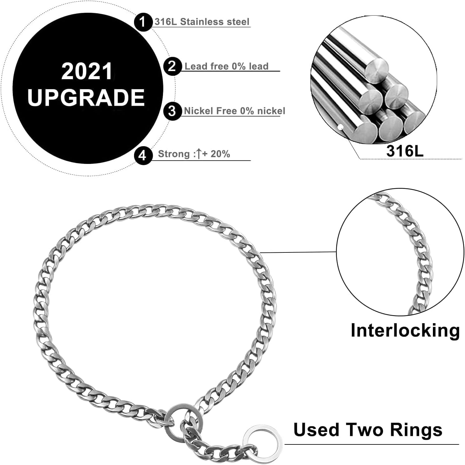 Chain Dog Collar, Prong Collar Adjustable Stainless Steel Chain Slip Collar, Strong, Durable, Weather Proof, Tarnish Resistant Metal, Best for Small Medium Large Dogs (Stainless Steel L) - Stainless Steel M image number 2