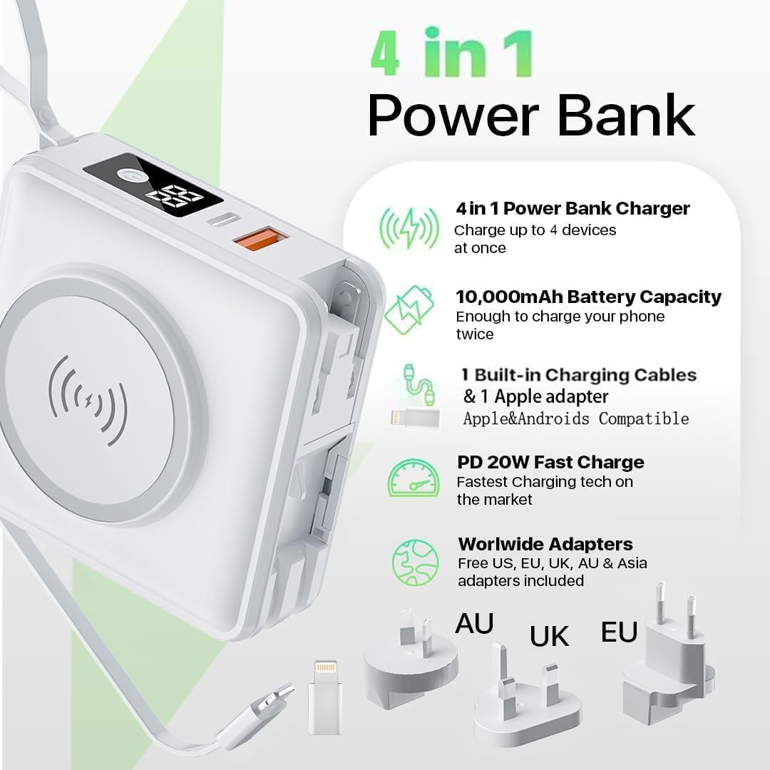 10000Mah 20W Universal 4 in 1 Travel Power Bank Wireless - for Magsafe Battery Pack, Power Pack with Built in Cable - Portable Fast Charging Adapter for Iphone 15/14/13/12 Series, Samsung (White) image number 2