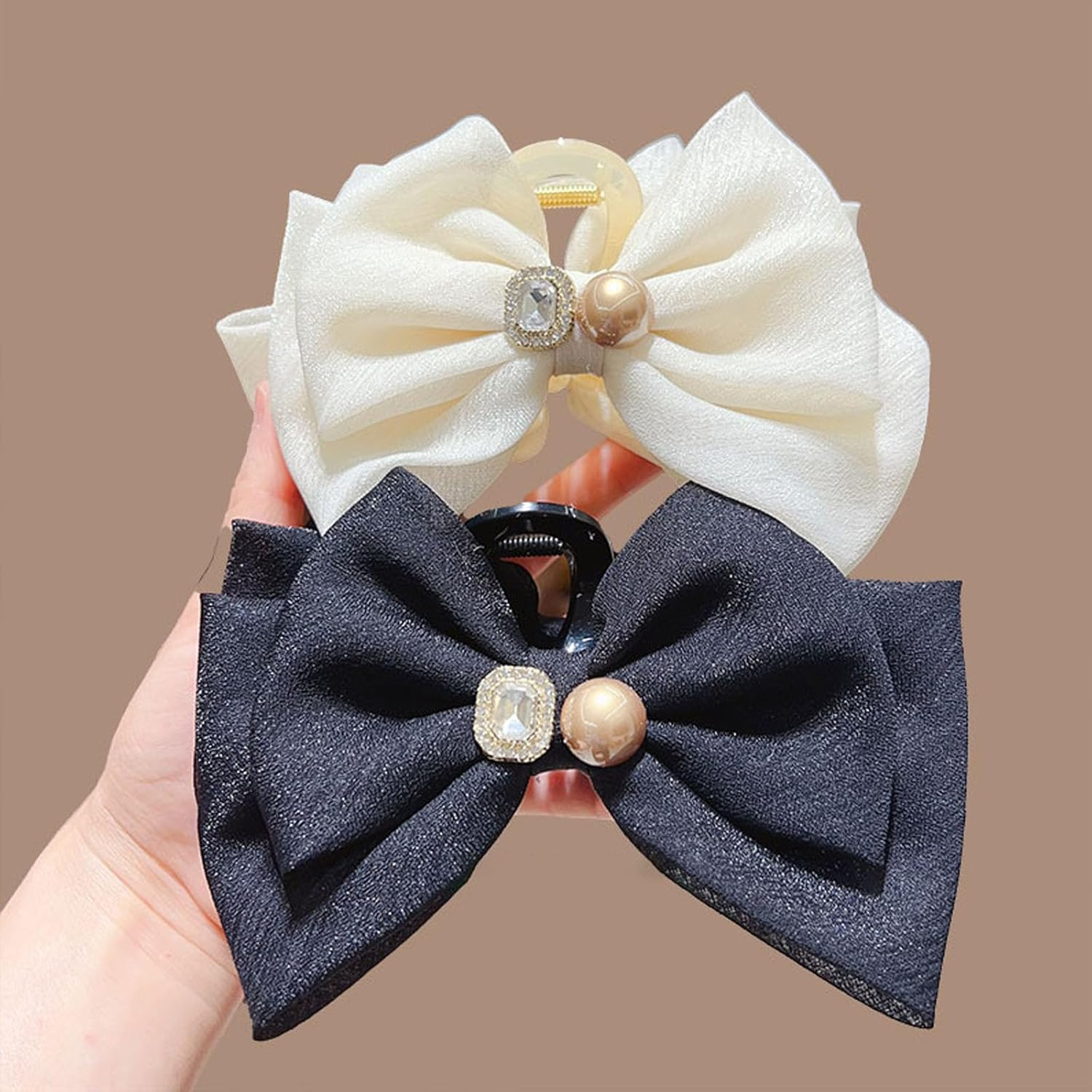 Tulle Bow Hair Clip with Rhinestones - Large Claw Hair Accessory for Thick Hair Ponytails, Chiffon Bow and Mesh Bowknot (Black) - White image number 2