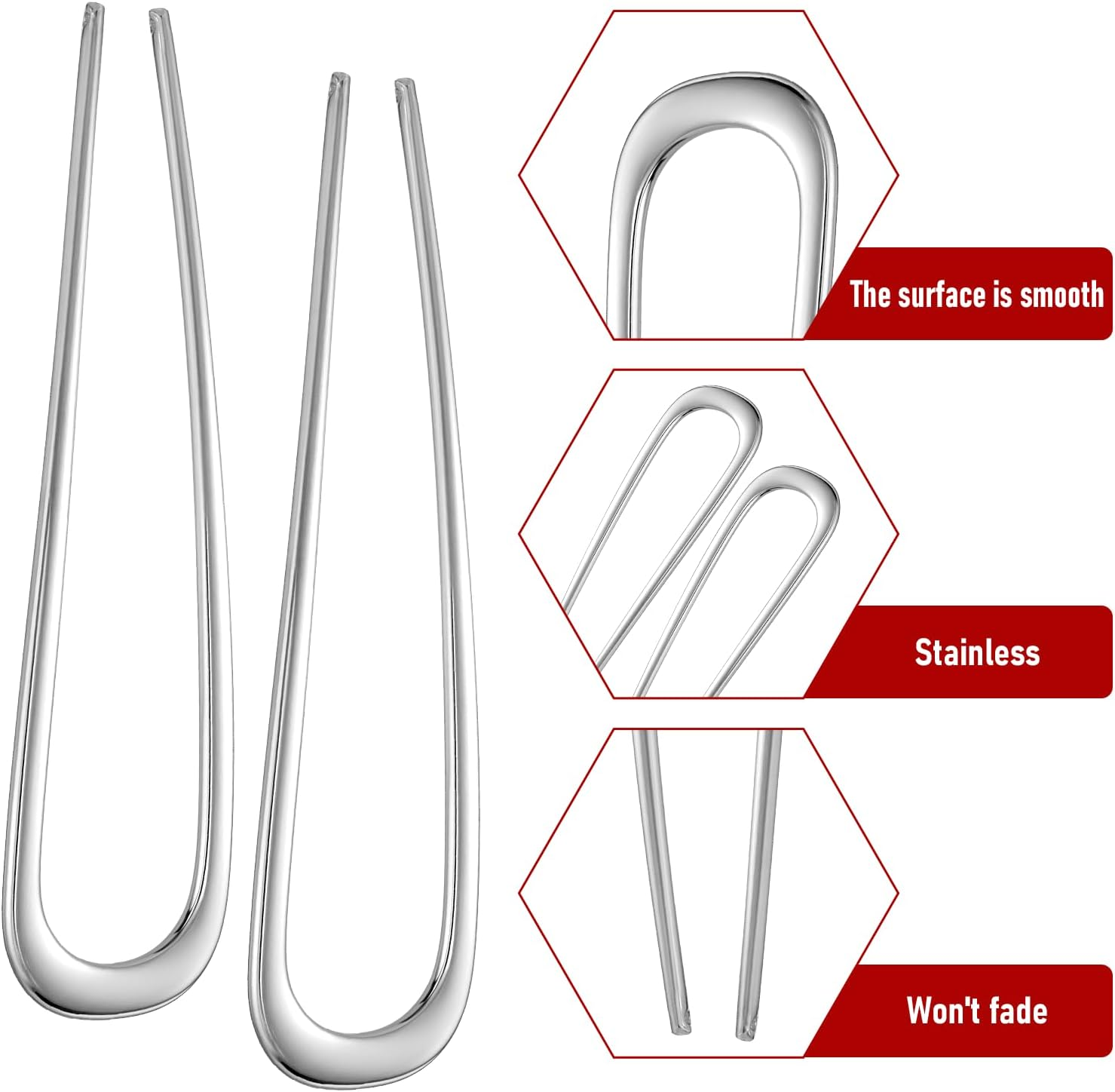 2Pcs French Pins French Hair Pin, U Shaped Hair Twist Pins for Thick Hair, French Hair Sticks Fork for Women, Bun Pins for Hair Chignon Hair Pin Tool for Girls Hair Types Styling Accessories (Silver) - Silver image number 5