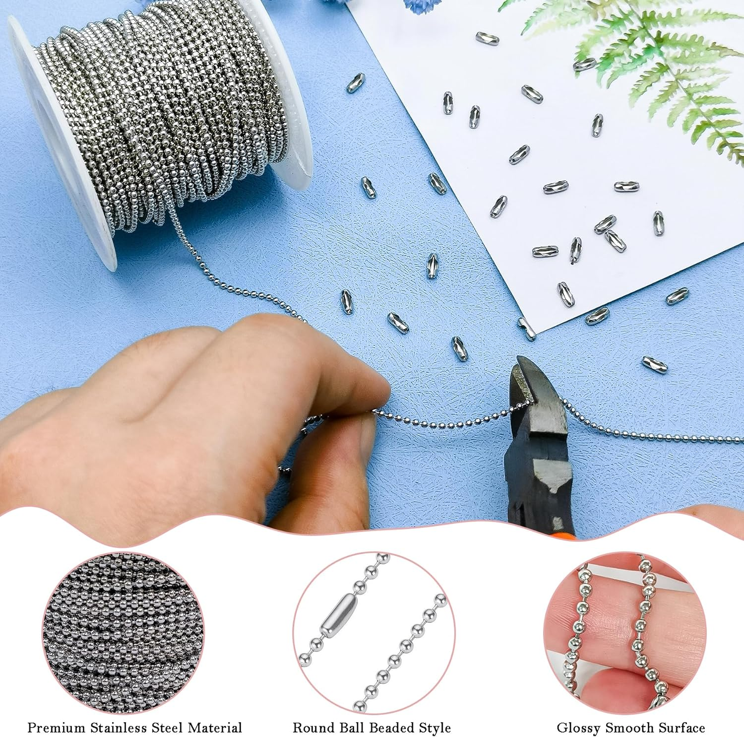 66 Feet Silver Ball Bead Chains 1.5Mm Stainless Steel Jewelry Links with 50Pcs Connectors Clasps for DIY Keychain Dog Tag Necklace Making image number 1