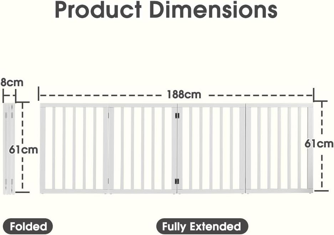 Petzly Foldable Dog Gate, Freestanding Pet Gate for Puppy Small Dogs and Cats, Dog Fence for House Stairs Doorway Bedrooms, No Drill Pet Barrier Indoor/Outdoor, 4 Panels Fence, White - 188CM X 61CM image number 5