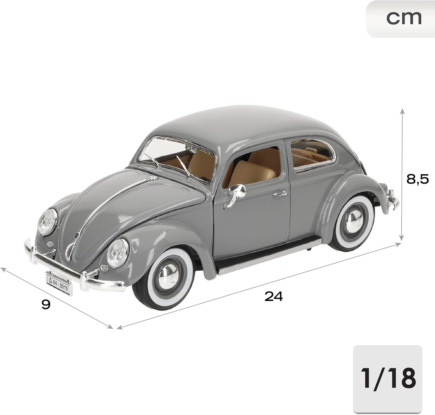 Bburago 18-12029G Volkswagen Beetle 1:18 Scale Model Car, Gray image number 3