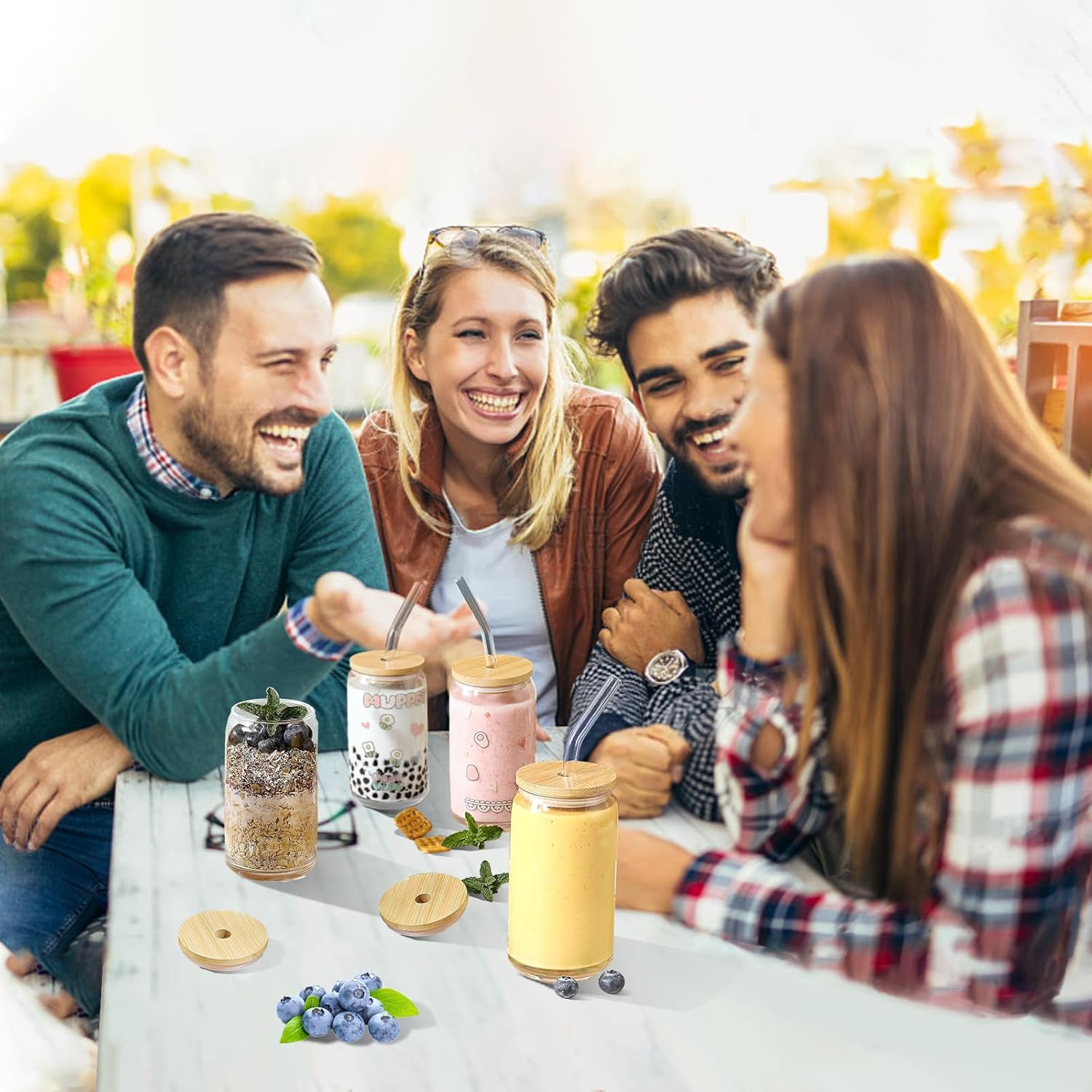 TFMOJHST 4Pcs Drinking Glasses with Bamboo Lids and Glass Straw-16 Oz Iced Coffee Glasses with Lids and Straws, Can Glass Cups Used for Beer/Milk/Soda Boba Etc.Include Can Glasses Cleaning Brushes image number 2