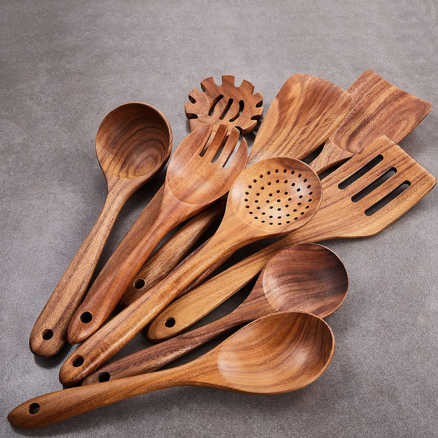 Wooden Kitchen Utensils Set,Gudamaye 9 PCE Natural Teak Wooden Spoons for Non-Stick Pan for Cooking, image number 3