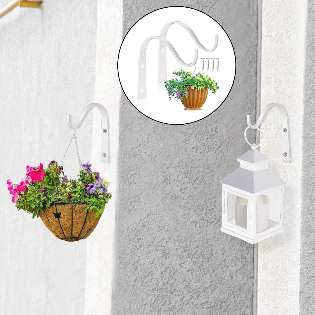 Iron Wall Hooks, 2 PCS Heavy Duty Metal Plant Hanging Basket Bracket for Hanging Lantern, Bird Feeders, Wind Chimes (White) image number 4