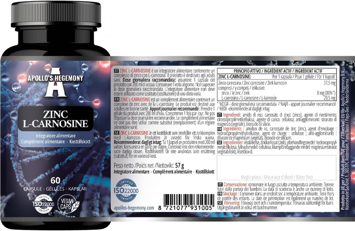 Zinc L-Carnosine 37.5 Mg per Capsule - 90 Vegan Capsules - 3 Months Supply - for Skin, Hair & Nail Health - Supplement by Apollo'S Hegemony image number 5
