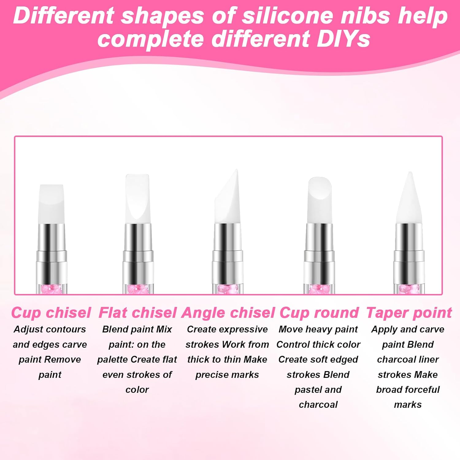5 Pcs Nail Art Sculpture Pen, Dual Tipped Silicone Nail Tools, Silicone Head Acrylic Handle Nail Art Brushes, Rhinestone Nail Polish Carving Pen, Nail Art Tools for Home Salon (Pink) image number 6