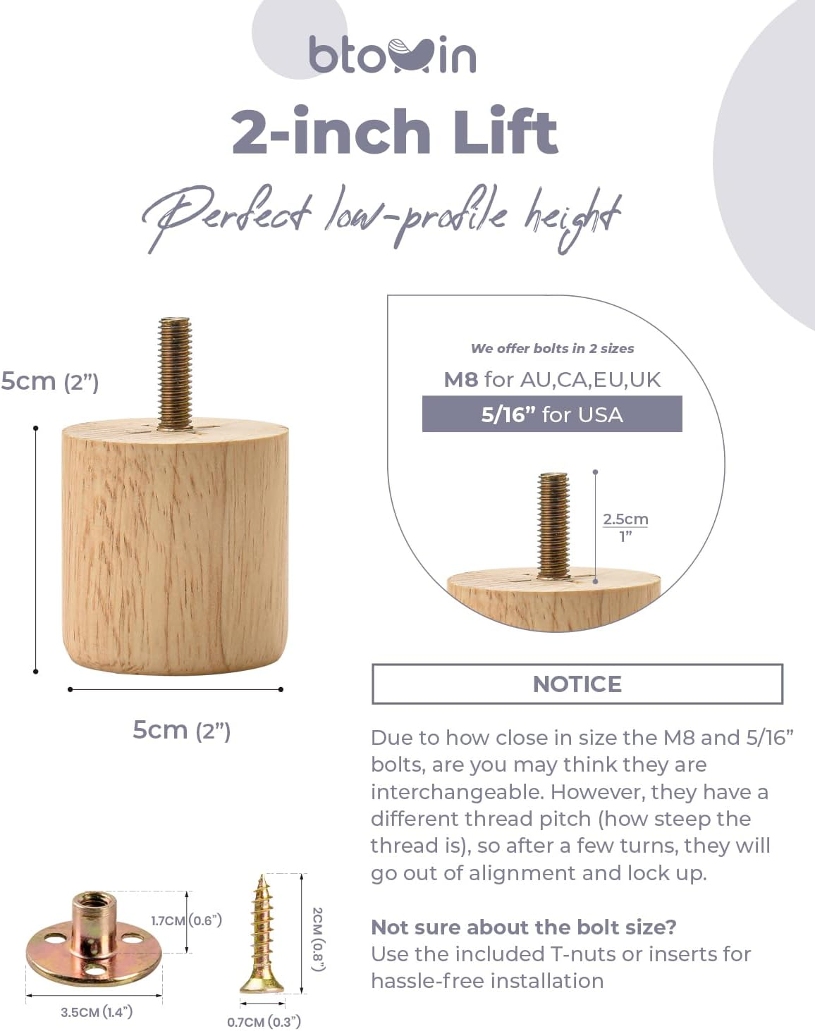 2 Inch Solid Wood Furniture Legs, Btowin 4Pcs Modern round Wooden Bun Feet with Threaded M8 Hanger Bolts & Mounting Plate & Screws for Sofa Couch Cabinet Bed image number 1