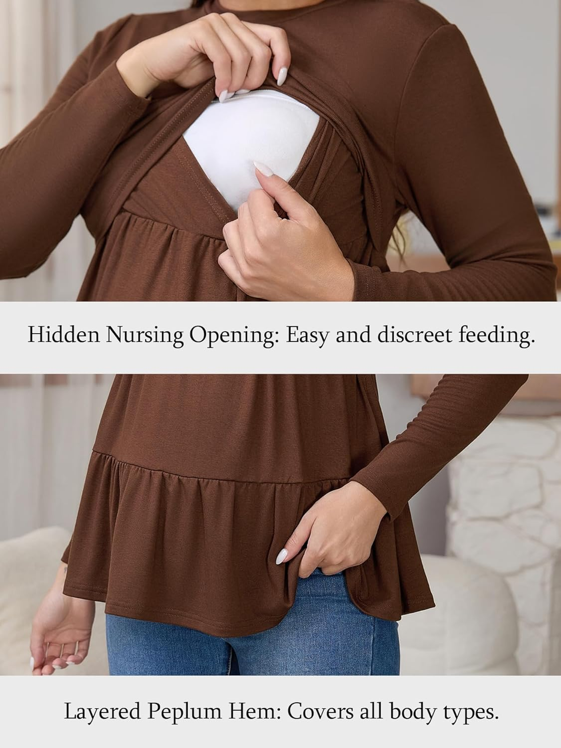 Cheibear Womens Nursing Top Ruffle Pleated Long Sleeve Tunic Rayon Postpartum Breastfeeding Shirt Pregnancy Clothes Brown Large image number 6