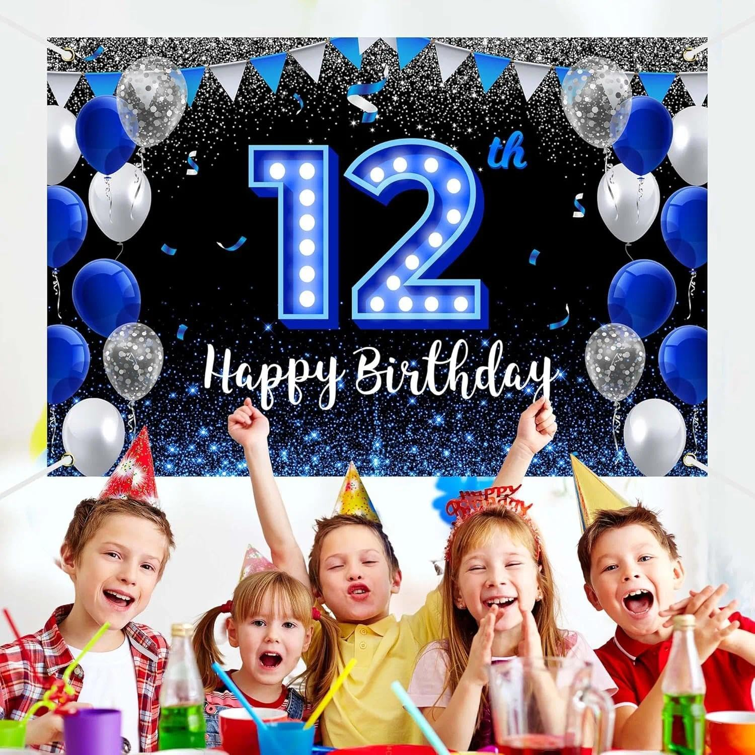 Happy 12Th Birthday Banner for Boys with Blue Neon Light Numbers, Large Party Backdrop Decor for Photo Booth and Wall, Reusable and Easy to Hang - Auroly image number 1