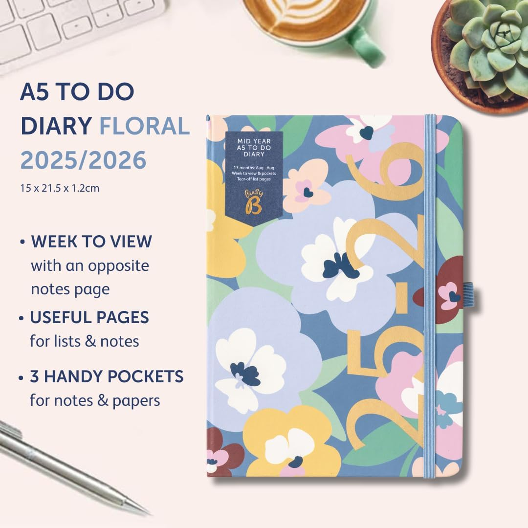 Busy B A5 Diary - Mid-Year Academic Diary - Aug 25 - Aug 26 - Floral Print - Weekly Planner with To-Do Lists, Notes, Week-To-View, 3 Pockets, Year Planner & Elastic Closure image number 6
